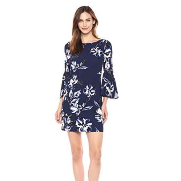 Eliza J Dresses & Skirts - Eliza J Navy Floral Bell Sleeve Shift Dress Sz 6